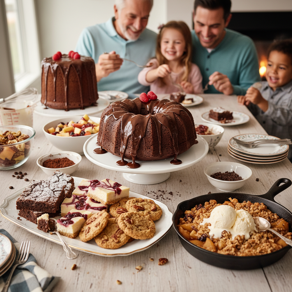 An assortment of desserts including fudgy brownies, creamy cheesecake bars, and buttery pecan cookies arranged attractively on a platter, representing variety and crowd-pleasing options.
