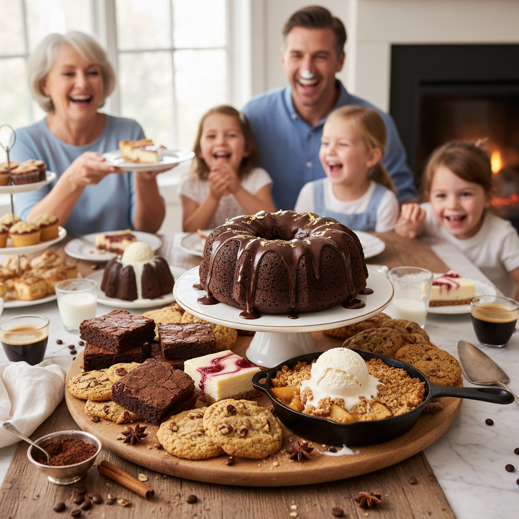 A beautifully decorated moist chocolate bundt cake with glossy chocolate ganache, placed on a festive table with ingredients like cocoa powder and coffee beans nearby.