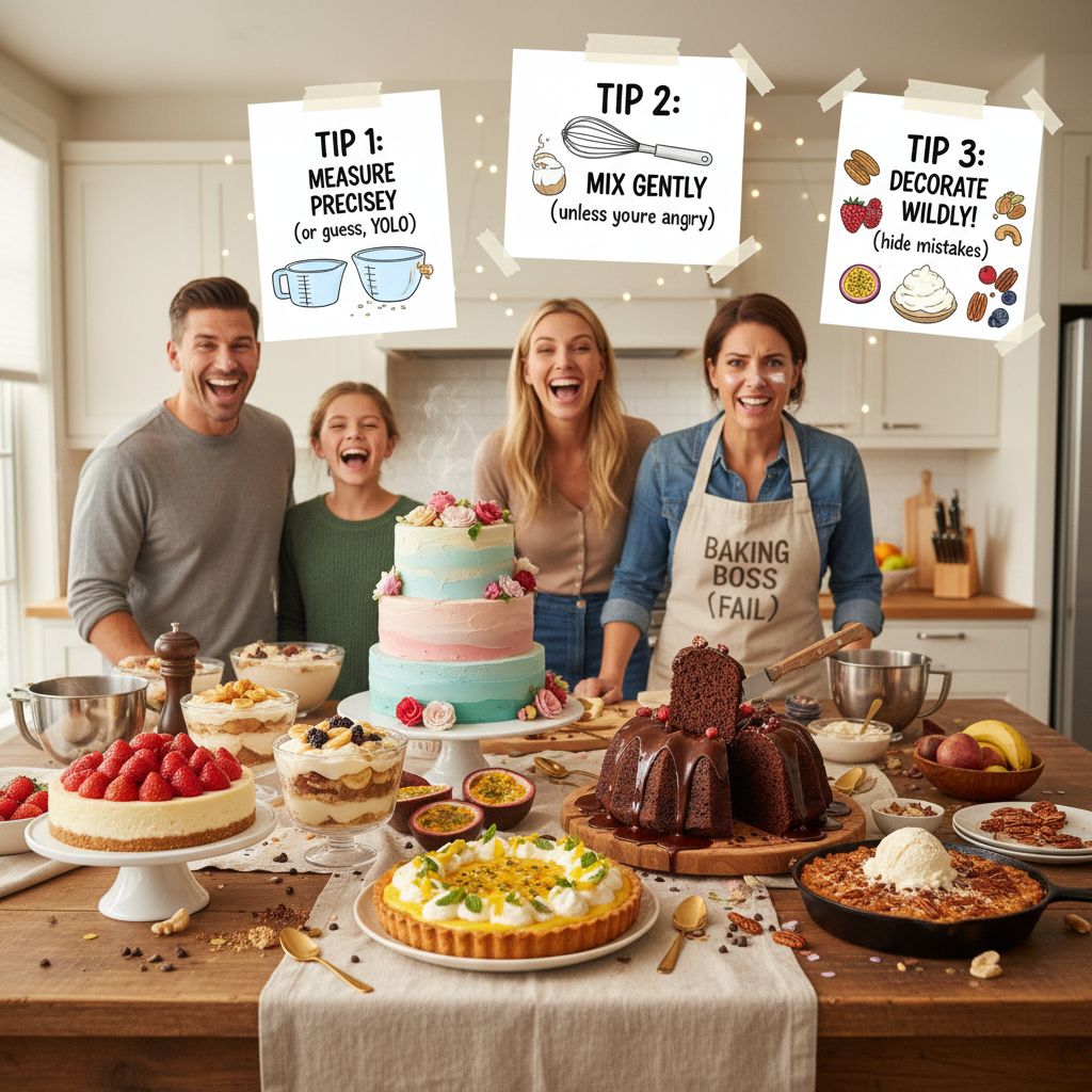 A cozy kitchen scene showing someone baking with helpful tips displayed, including measuring ingredients, mixing batter gently, and decorating desserts with toppings like nuts, fruit, and whipped cream.