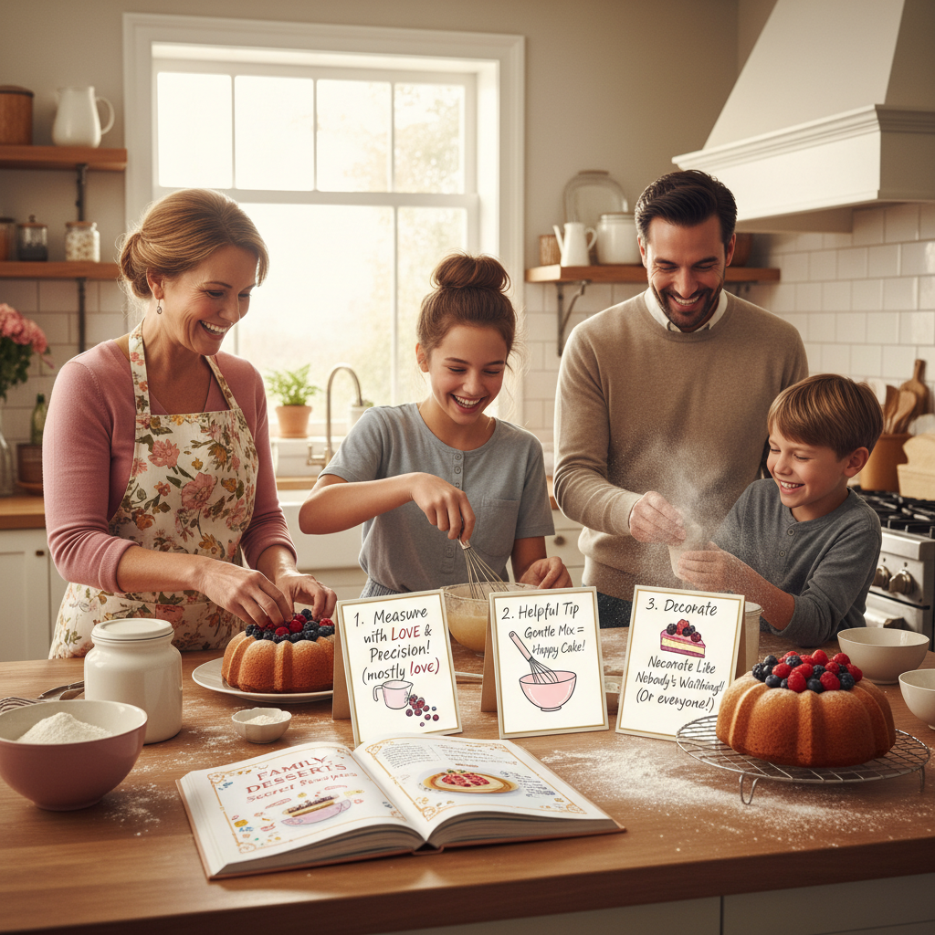 A joyful family gathering around a table with a variety of colorful and delicious celebration desserts in the center, highlighting moist cakes, creamy puddings, and fresh fruit desserts.