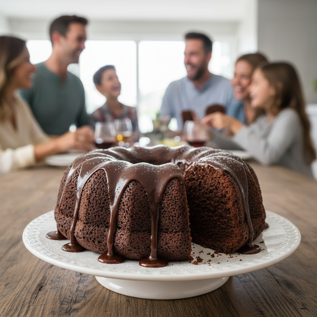 Whisking chocolate bundt cake batter in a mixing bowl, illustrating the homemade dessert-making step in the kitchen.