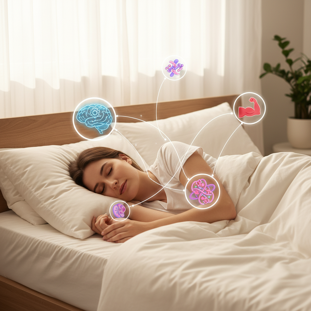 An infographic style timeline displaying the sample bedtime self care routine starting from 60 minutes before bed to bedtime with icons for each activity: turning off devices, warm bath, stretching/yoga, journaling & deep breathing, sipping herbal tea, and sleeping in a cool dark room.