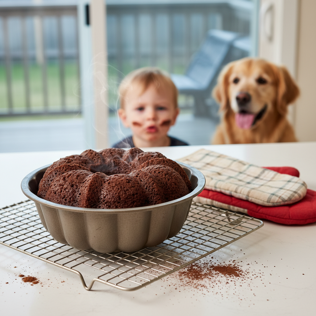 Ingredients for a chocolate bundt cake measured in bowls, including cocoa powder, flour, sugar, and eggs, representing the baking preparation process.