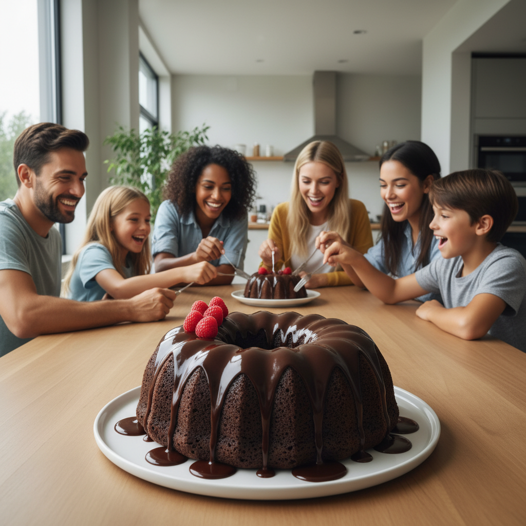Moist chocolate bundt cake topped with glossy ganache glaze, showcasing a rich and tempting dessert perfect for family celebrations.