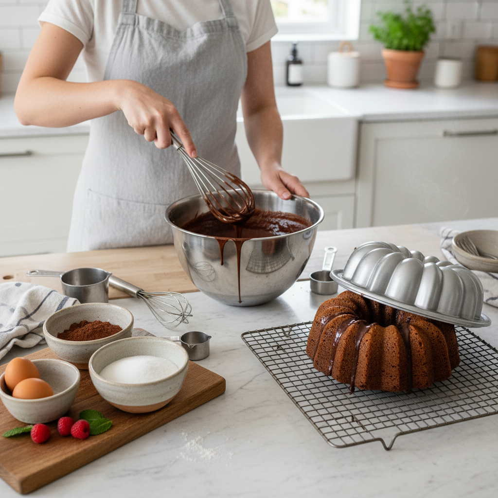 Freshly baked chocolate bundt cake cooling in the bundt pan, highlighting the final stage before serving moist homemade desserts.