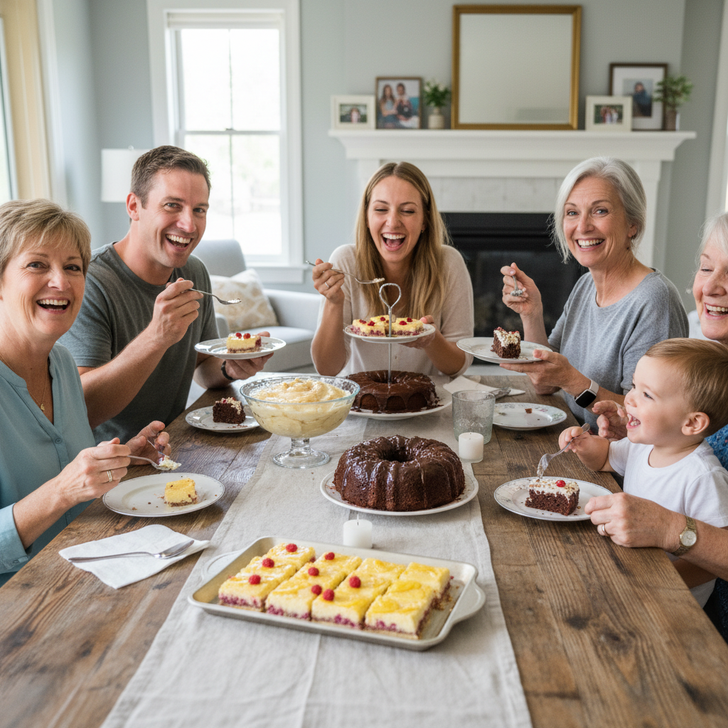 An infographic-style or visually organized Q&A session about dessert ingredient swaps, storage tips, freezing desserts, and serving ideas for family celebrations.