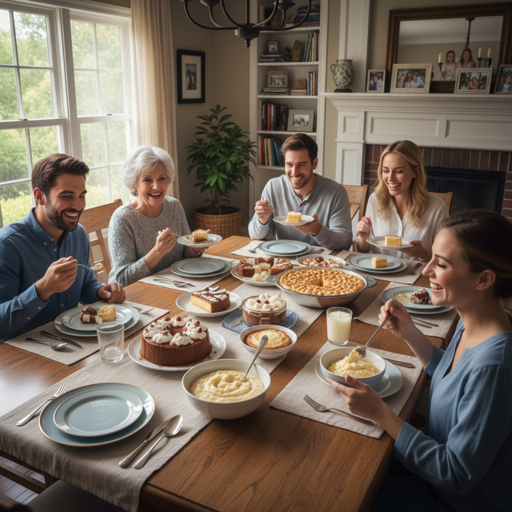 A warm family gathering enjoying homemade desserts with smiling faces, showcasing the personal and loving atmosphere of family celebrations.