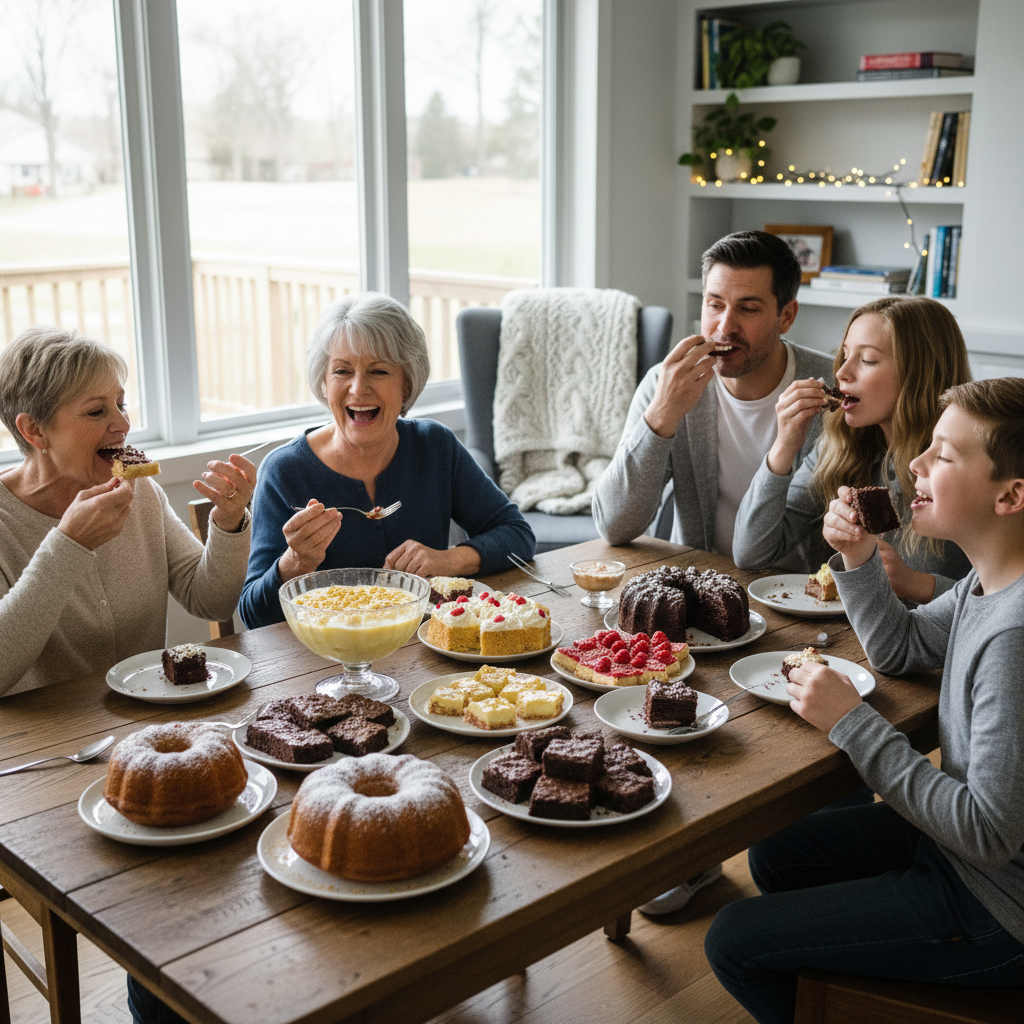 A cozy kitchen scene illustrating personal tips: a bundt cake cooling, a bowl of banana pudding being prepared, chocolate ganache being poured over a dessert, and a dessert being packed ahead of time.