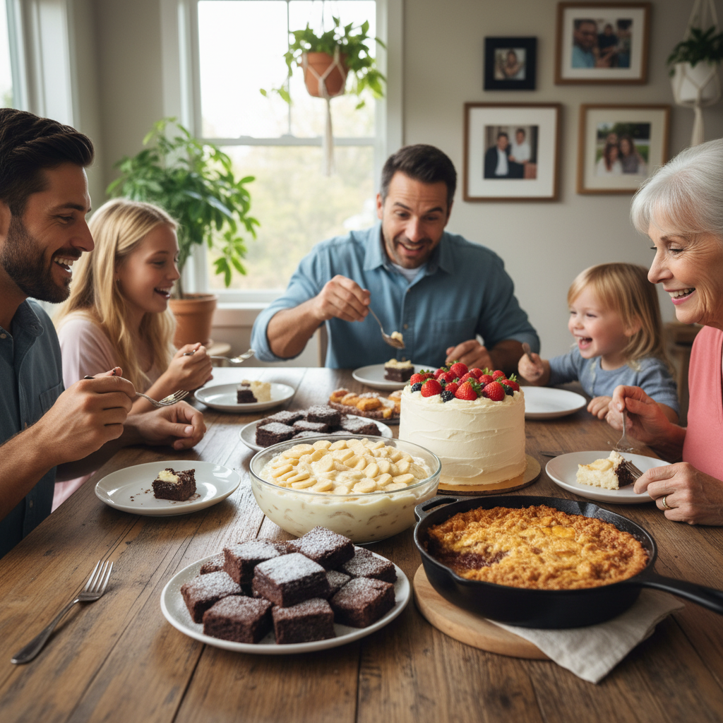 An array of popular crowd-pleasing desserts including banana pudding, chocolate brownies, strawberry cream cheese cake, and peach cobbler arranged appealingly.