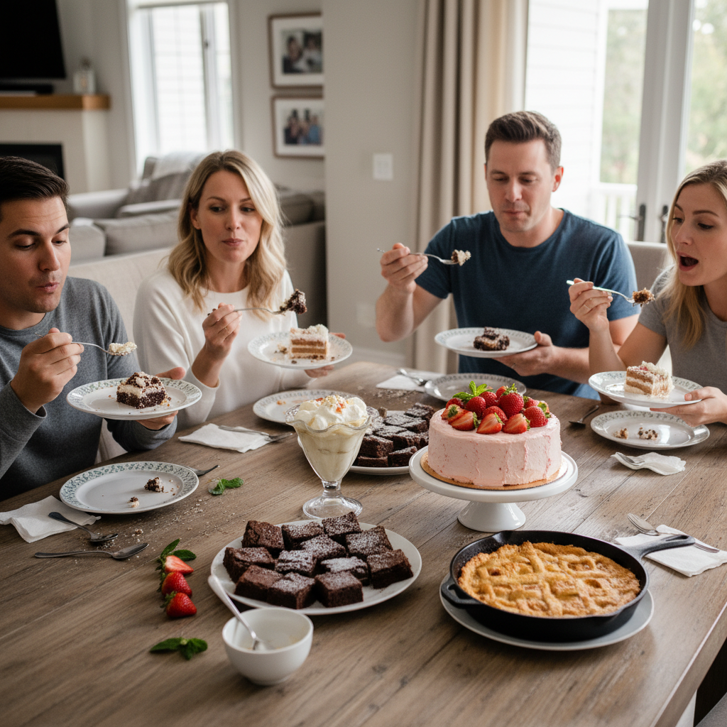 A baker preparing desserts with tips like using seasonal fruits, baking in advance, and garnishing to enhance presentation in a cozy kitchen setting.