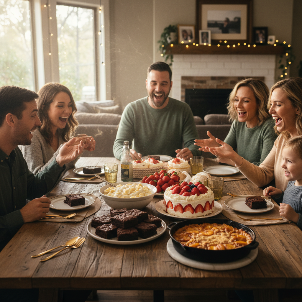 An infographic-style image illustrating common FAQs about family celebration desserts, including serving sizes, accommodating dietary restrictions, and dessert serving tips.