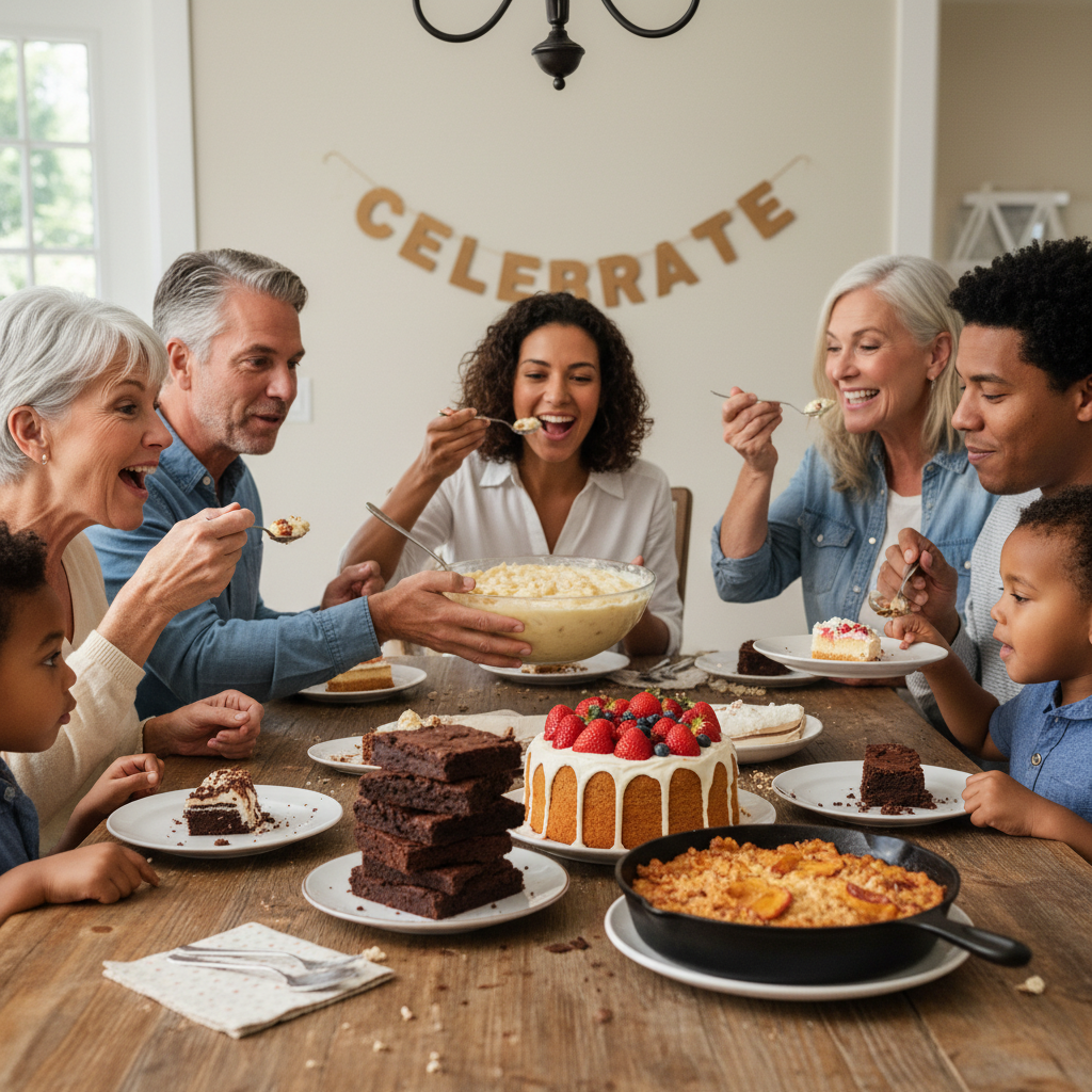 A warm, inviting family gathering around a table enjoying classic desserts, symbolizing the importance of desserts in family celebrations.