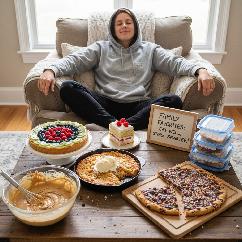 Cozy scene of a person wearing a favorite hoodie, surrounded by various simple and delicious family celebration desserts, highlighting comfort and reliability.