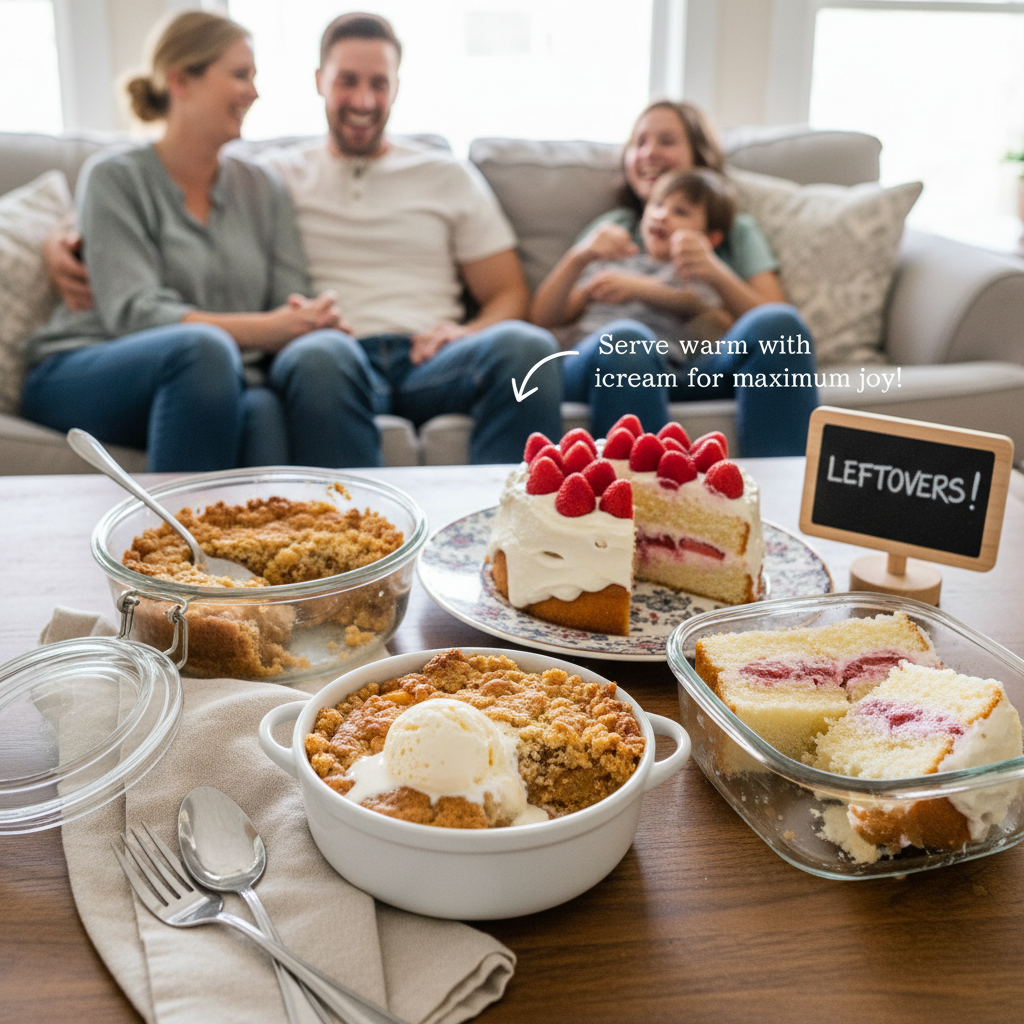 A warm, inviting family celebration setting with desserts served, including leftover storage shown in airtight containers and serving suggestions like warm dump cake with vanilla ice cream, conveying practical advice and joyful sharing.
