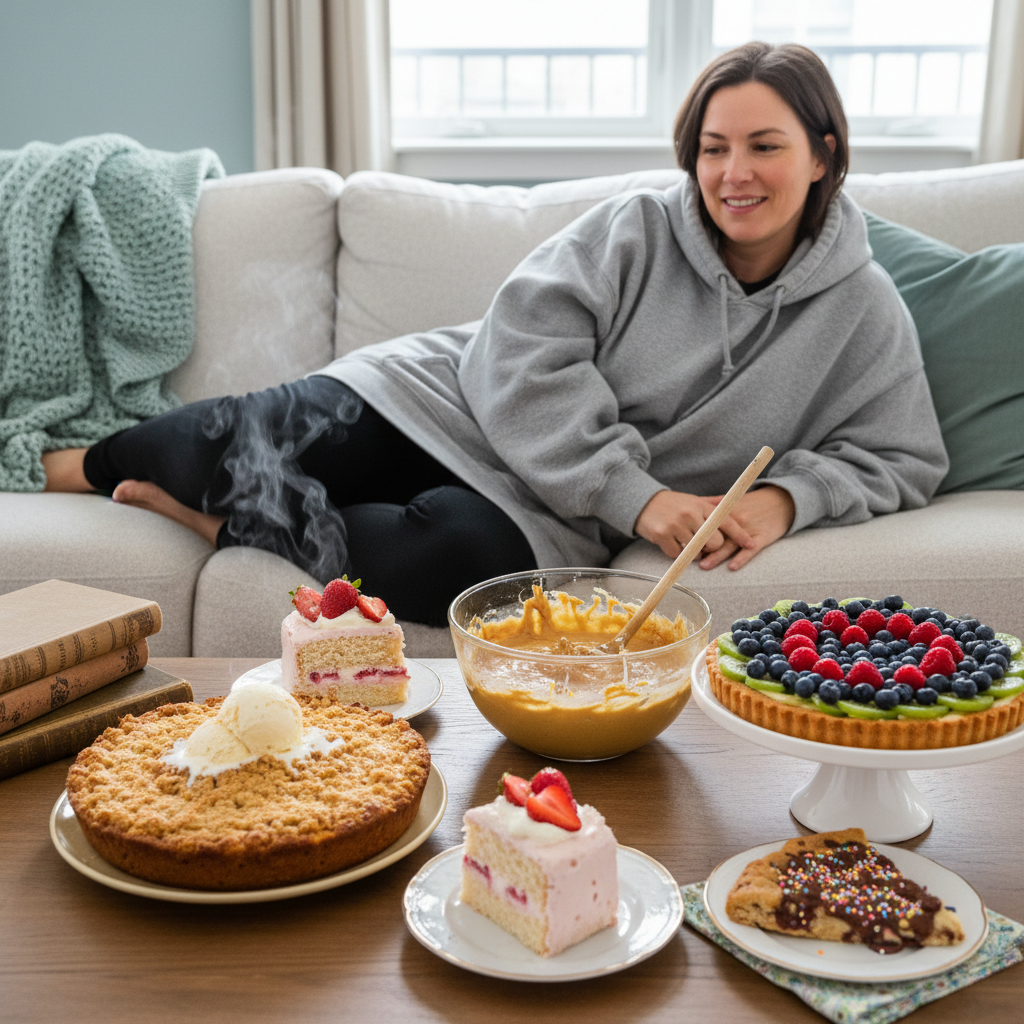A collage or array featuring the top 5 desserts: a golden peach cobbler dump cake fresh from the oven with vanilla ice cream, a fresh strawberry cake slice topped with mascarpone cream and berries, a mixing bowl with peanut butter banana cake batter, a colorful no-bake Greek yogurt fruit tart with berries and kiwi, and a slice of chocolate chip cookie pizza with sprinkles and melty chips.