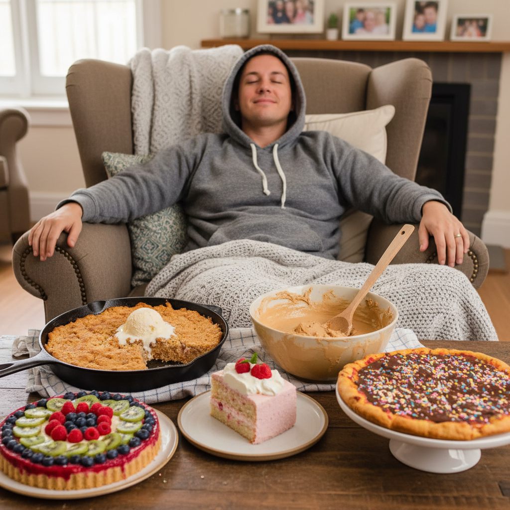 Animated or artistic illustration showing pro baking tips: adding sour cream or yogurt to cake batter, gently folding whipped cream, chilling no-bake desserts with a Netflix icon to show extended chilling for flavor development.