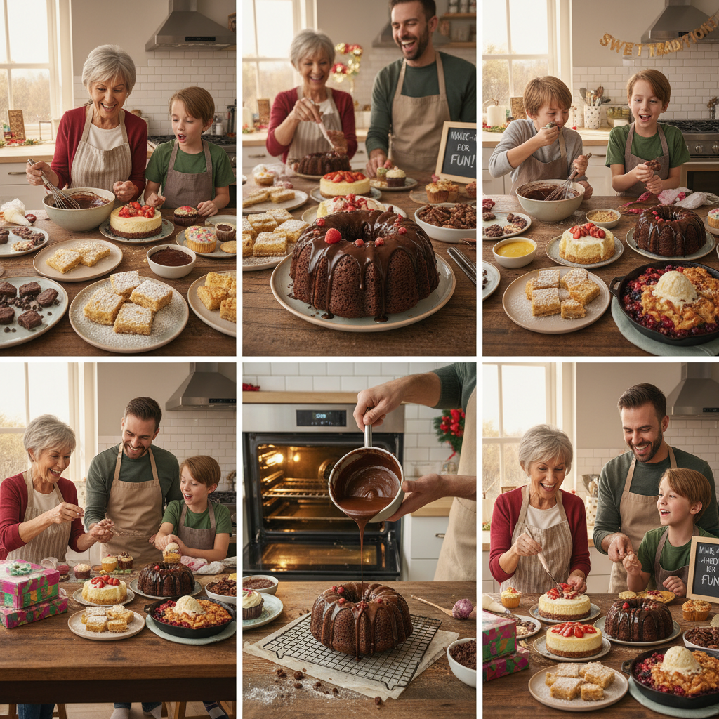 A colorful and inviting flat lay showing a variety of easy and delicious family celebration desserts