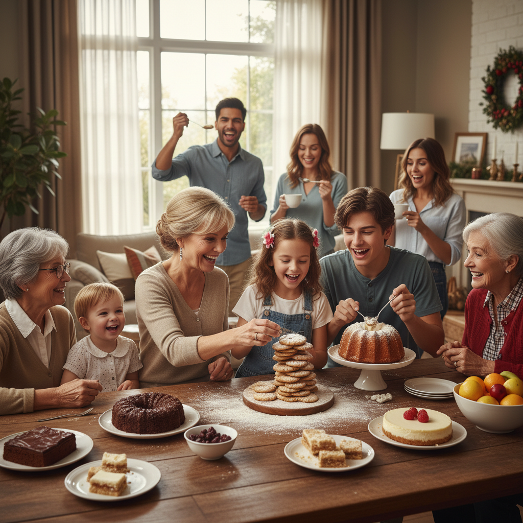 A warm kitchen scene featuring a family decorating desserts together, sharing tips