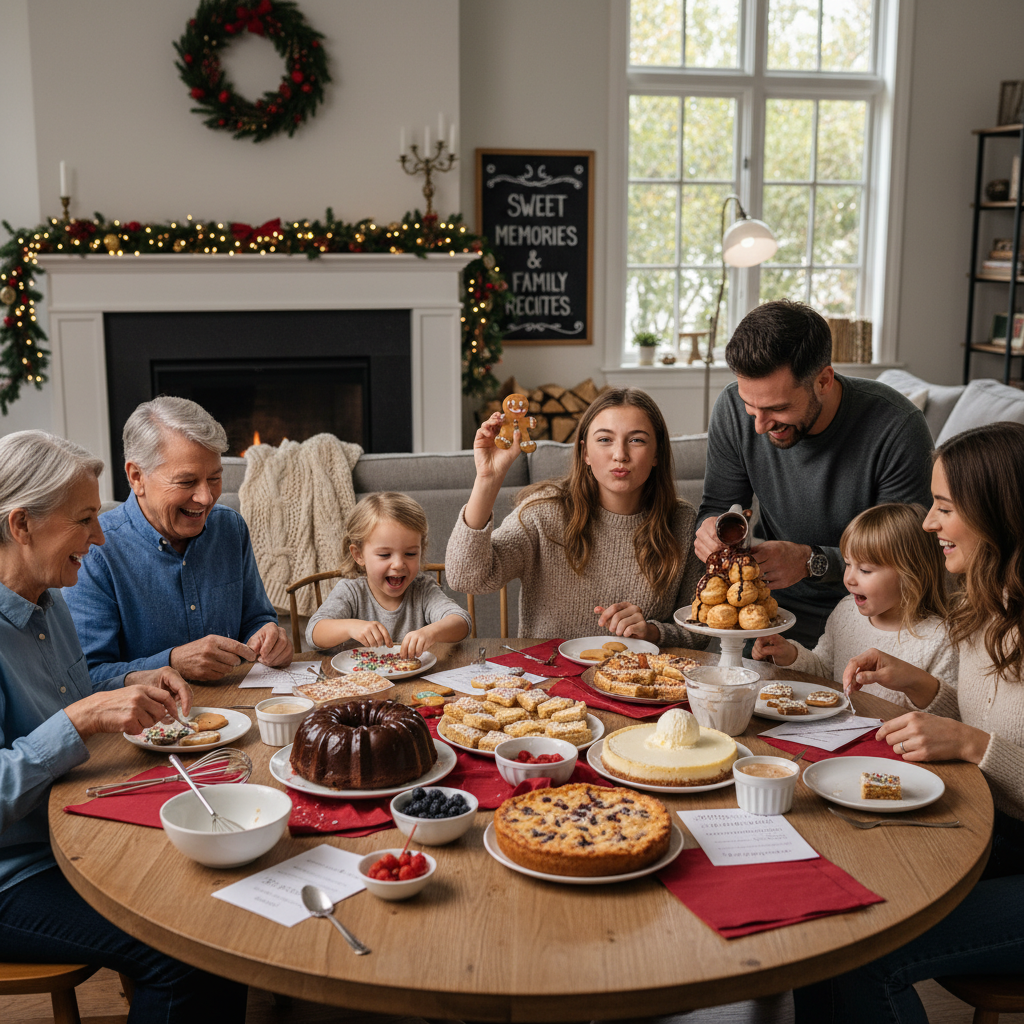 A cozy family gathering in a festive room, bonding while preparing and enjoying desserts