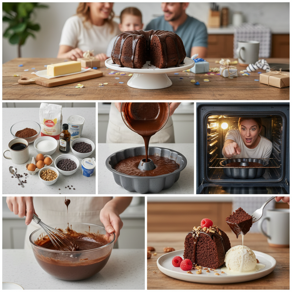 A beautifully styled homemade moist chocolate Bundt cake with glossy ganache drizzled on top, placed on a festive family celebration table.