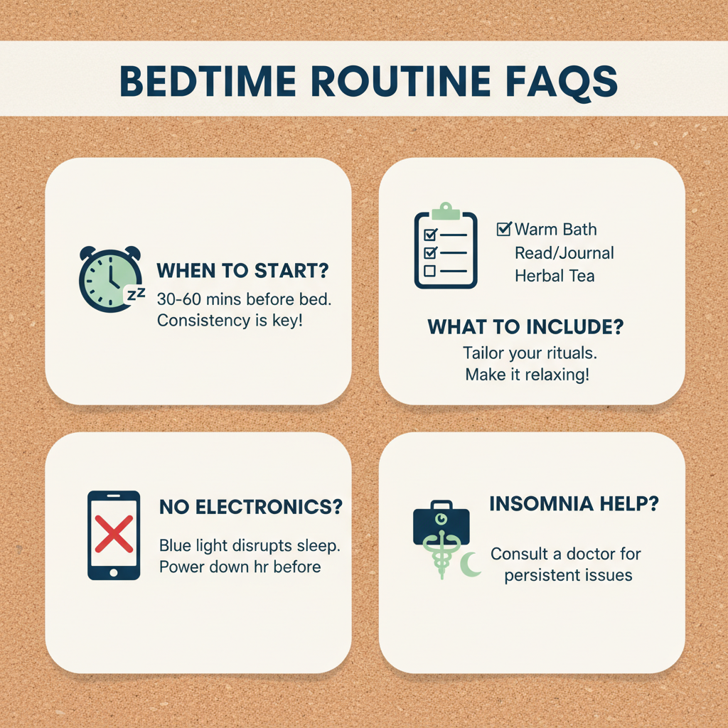 A collage of easy bedtime rituals: a warm bath with lavender oil, gentle yoga/stretching poses, journaling with a pen and notebook, and a cup of herbal tea like chamomile on a bedside table.