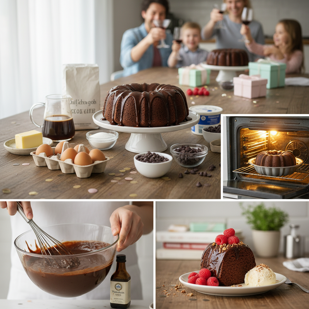Step-by-step baking process showcasing mixing ingredients in a bowl with a whisk, pouring batter into a Bundt pan, and the cake baking in the oven.