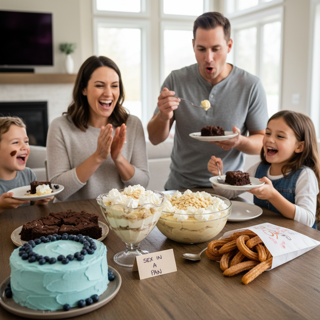 An illustrated kitchen scene depicting baking tips like room temperature ingredients, a timer on the oven, moist ingredients like sour cream and yogurt, and covered desserts to maintain moisture.