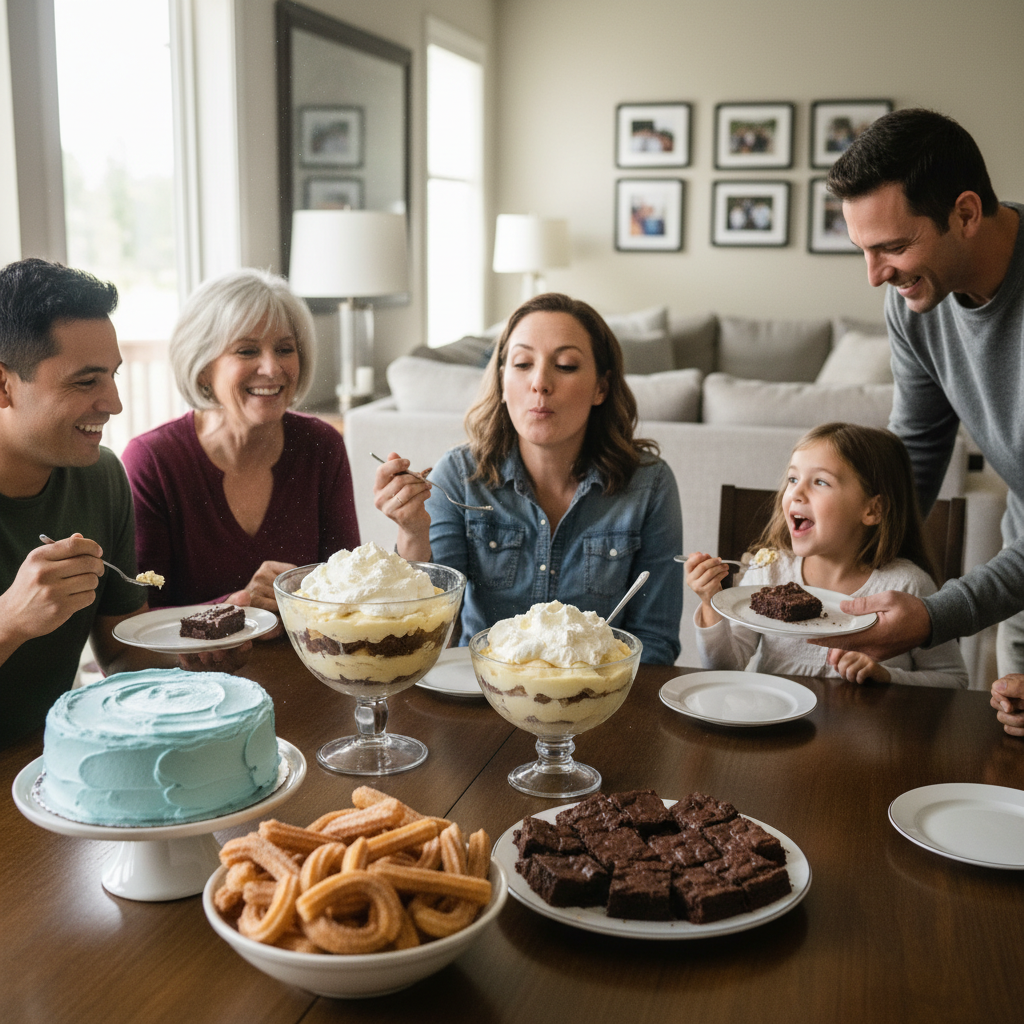 Close-up vibrant image of several top easy moist dessert recipes such as a layered creamy dessert glass dish (Sex in a Pan), a classic banana pudding with whipped cream, fudgy chocolate brownies, a blueberry cream cheese frosted cake, and churros dusted with cinnamon sugar.