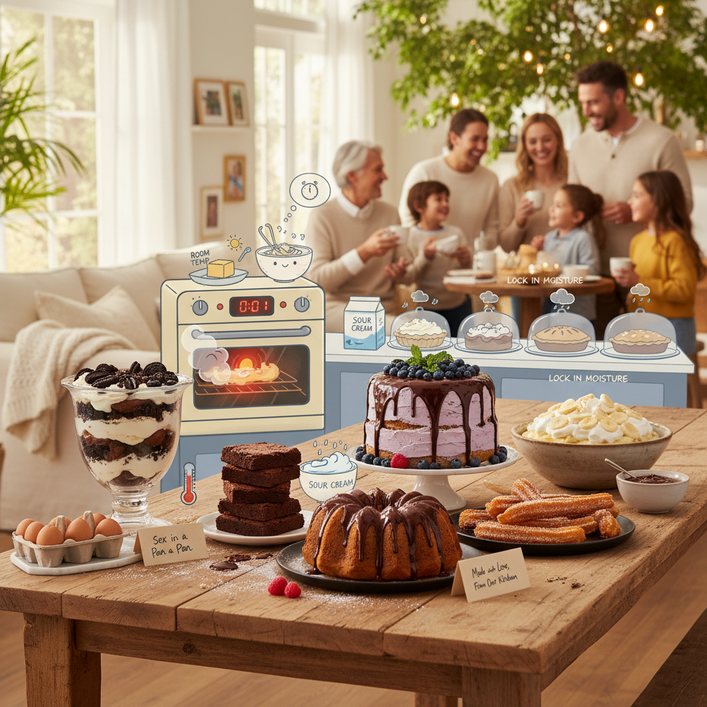 A cozy family celebration scene with a variety of easy moist homemade desserts displayed, showing happy family members enjoying the treats together.