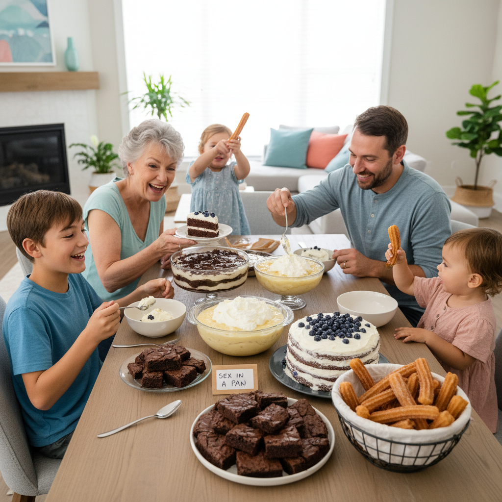 A beautifully decorated bundt cake with glossy chocolate ganache glaze on a rustic table at an outdoor family gathering, conveying the personal touch and homemade warmth.