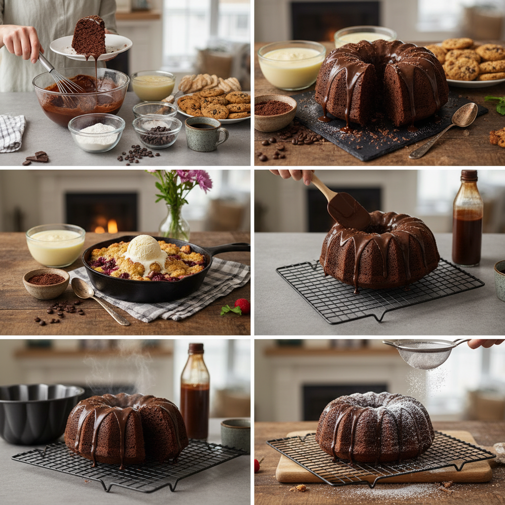 A close-up of a moist chocolate bundt cake with rich chocolate ganache, surrounded by ingredients like cocoa powder and coffee, highlighting its indulgent texture.