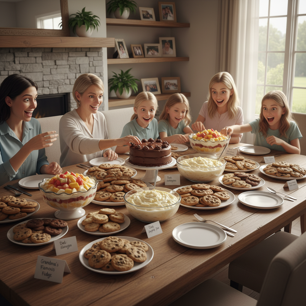 An inviting family celebration table set with a variety of homemade desserts, including cakes, puddings, and cookies, evoking warmth and togetherness.