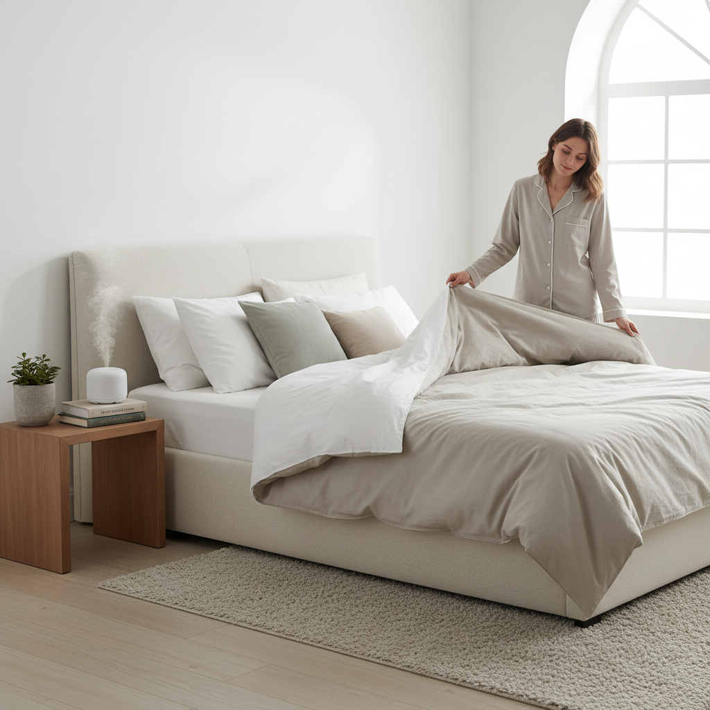 A peaceful bedroom setting with a person preparing for bed, highlighting calm and relaxing atmosphere to represent the importance of bedtime rituals.