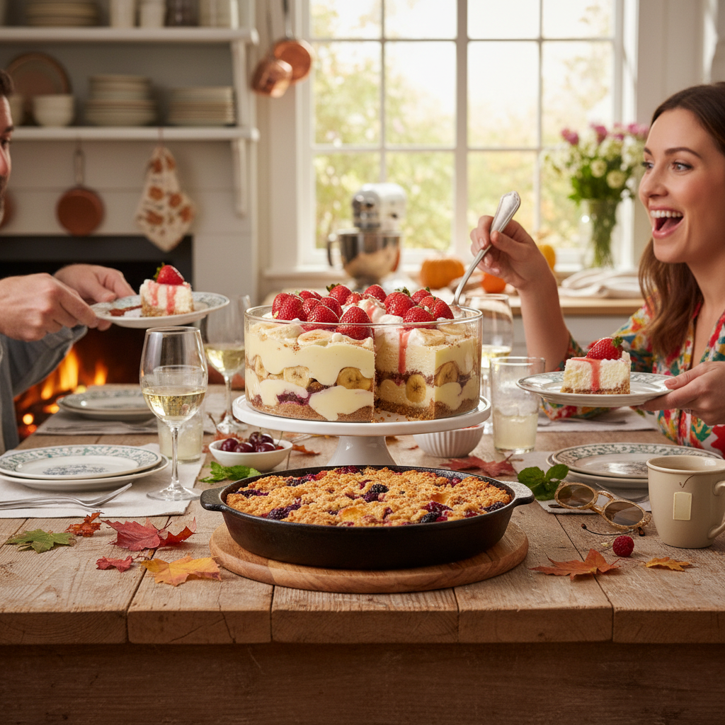 A classic strawberry cheesecake topped with fresh strawberries, served on a summer-themed table with bright natural lighting.