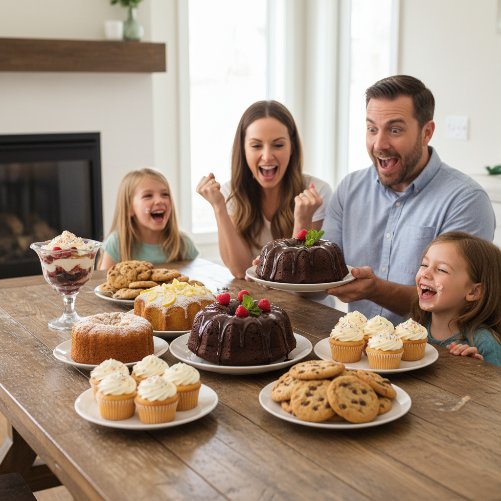 A cozy family gathering around a table filled with homemade desserts, showcasing warmth, laughter, and a beautifully decorated chocolate bundt cake as the centerpiece.