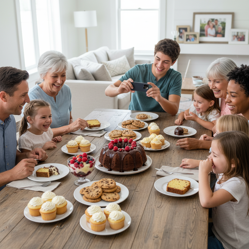 An assortment of top easy homemade desserts including a moist chocolate bundt cake with glossy ganache, classic vanilla cupcakes with buttercream frosting, lemon poppy seed pound cake, chocolate chip cookies, and a colorful berry trifle.