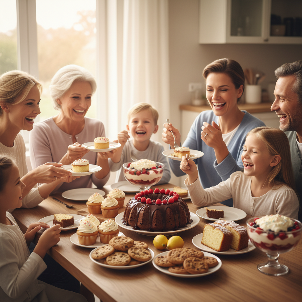 A creative and joyful scene of families making memories by baking together, taking photos of their dessert creations, and sharing sweets, emphasizing the unforgettable experience homemade desserts bring to family celebrations.
