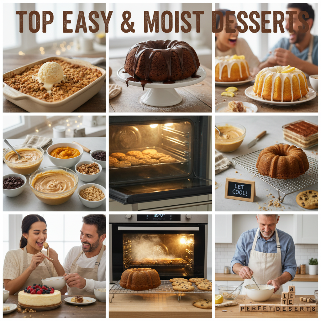 A collage of top easy and moist desserts including a chocolate bundt cake with ganache, homemade apple crisp with cinnamon, lemon pound cake, no-bake cheesecake, and classic tiramisu.
