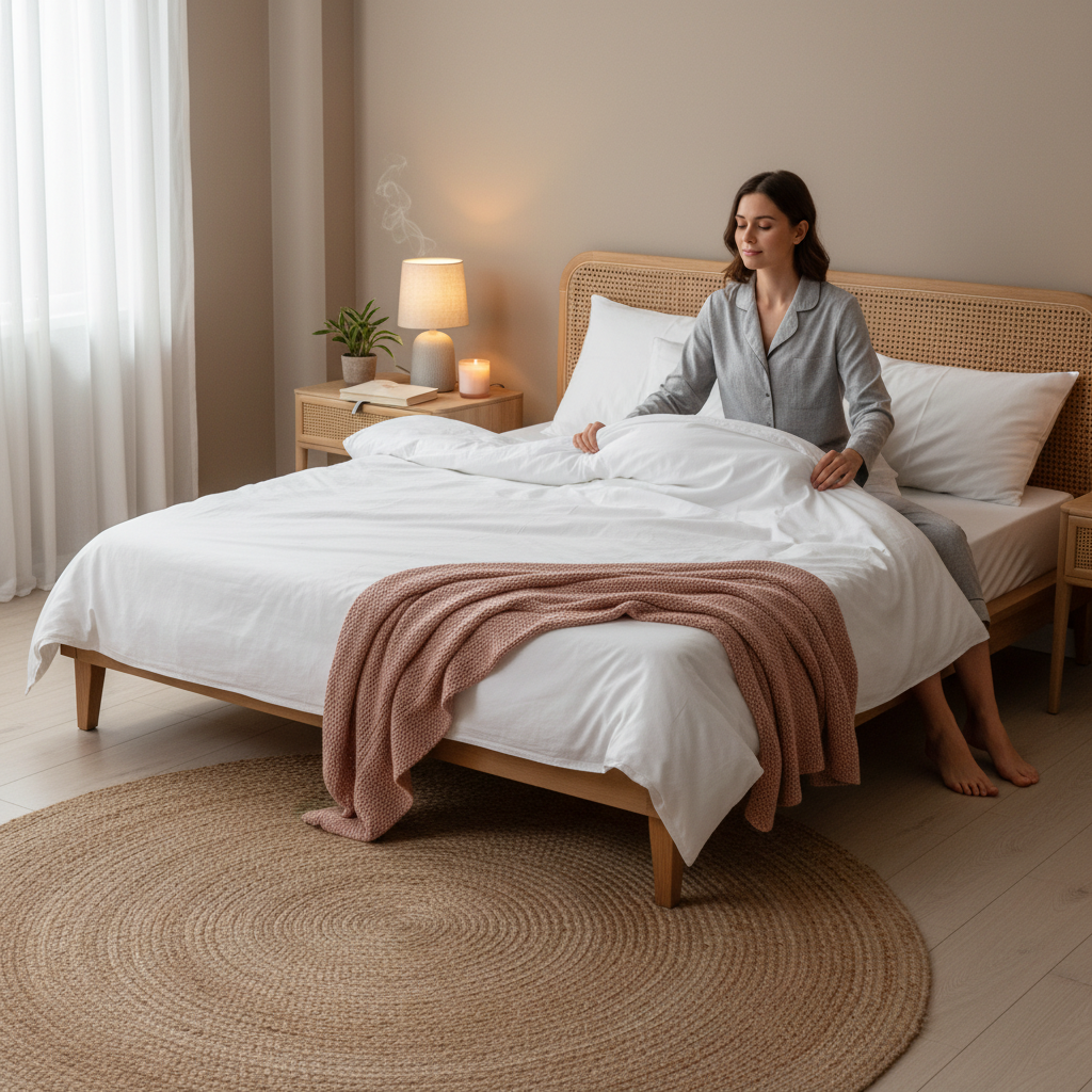 A before-and-after style illustration showing a tired, groggy person surrounded by social media icons transitioning to a refreshed person after adopting bedtime rituals like journaling, bathing, and drinking herbal tea.