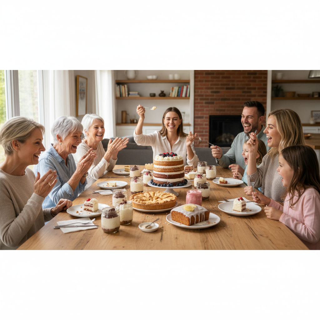 A warm, inviting family celebration scene featuring a table full of homemade desserts like cakes, pies, and cheesecake cups, with happy family members enjoying together.
