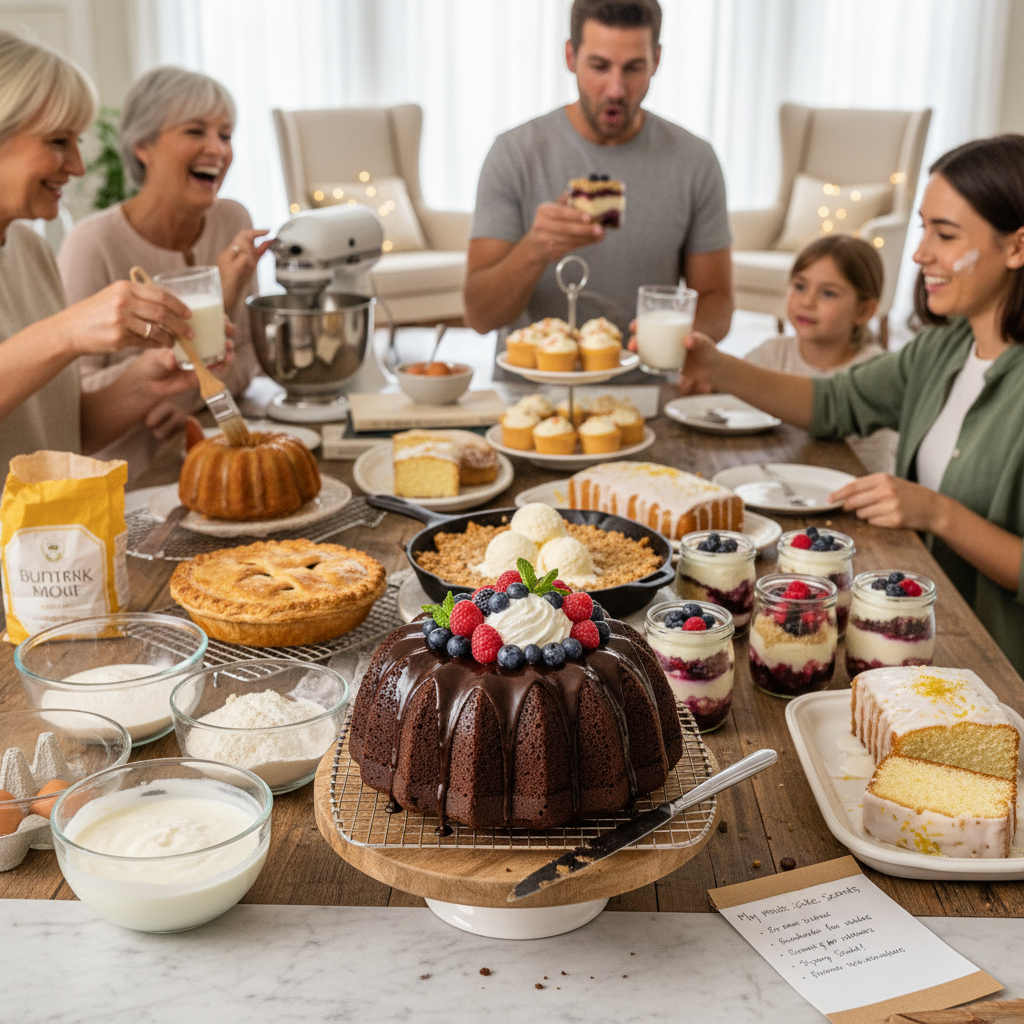 An assortment of popular homemade desserts including a berry crisp with vanilla ice cream, a classic apple pie with a flaky crust, no-bake cheesecake cups in jars, and a lemon drizzle cake sliced and ready to serve.