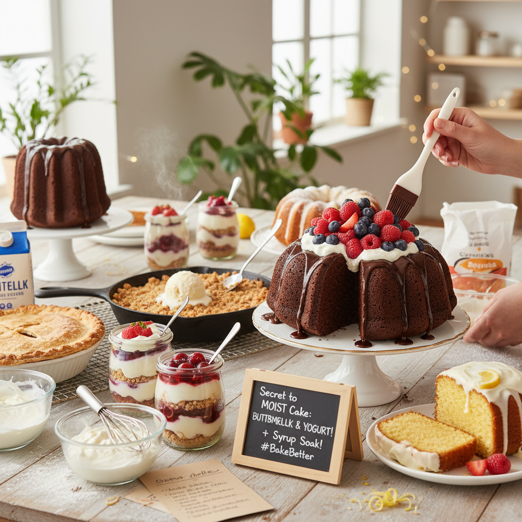 A rich, moist chocolate bundt cake with shiny ganache on top, garnished with fresh berries and whipped cream, displayed elegantly on a cake stand.