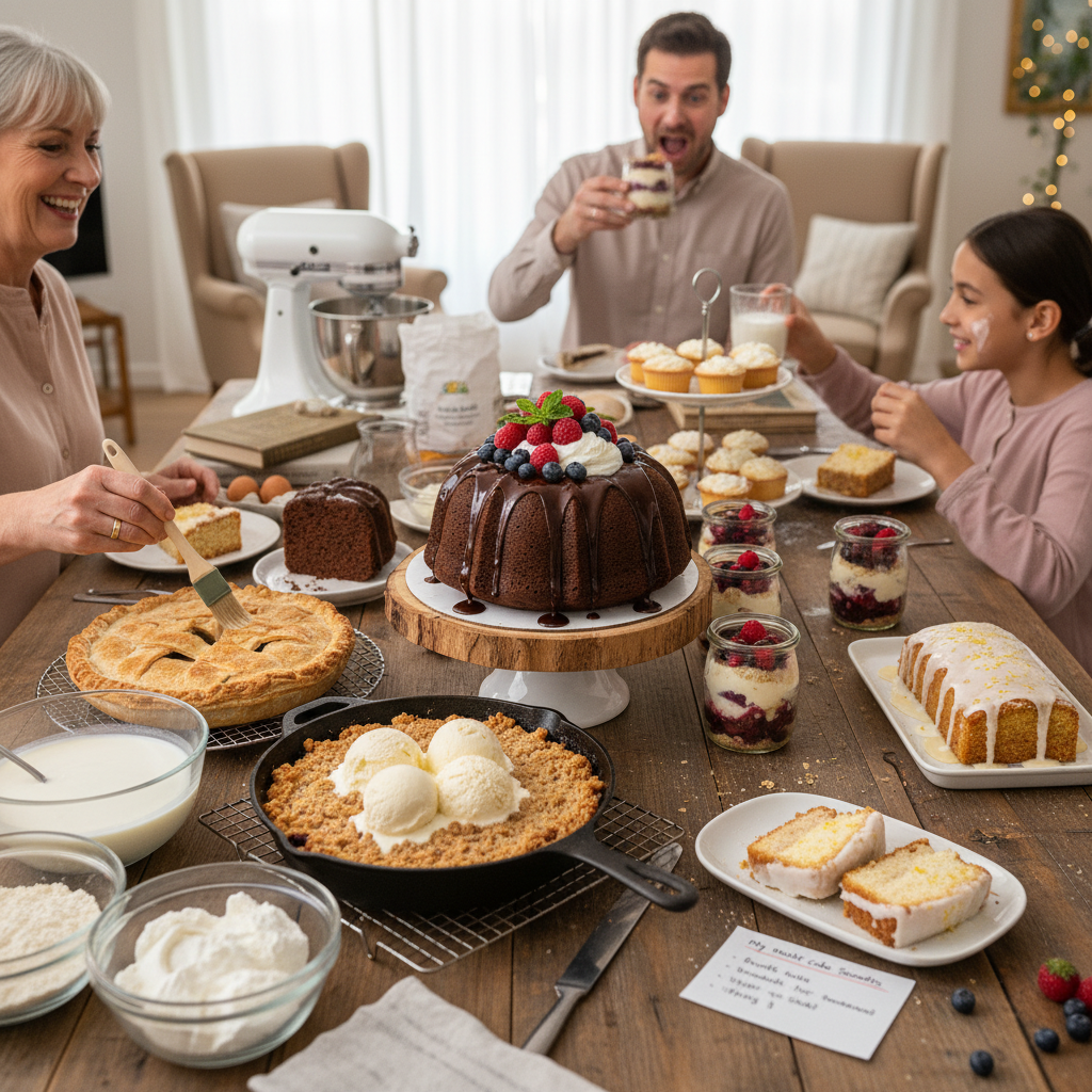A cozy kitchen scene showing the process of baking moist cakes with ingredients like buttermilk, yogurt, and a cake brush applying syrup soak, symbolizing personal baking tips and techniques.