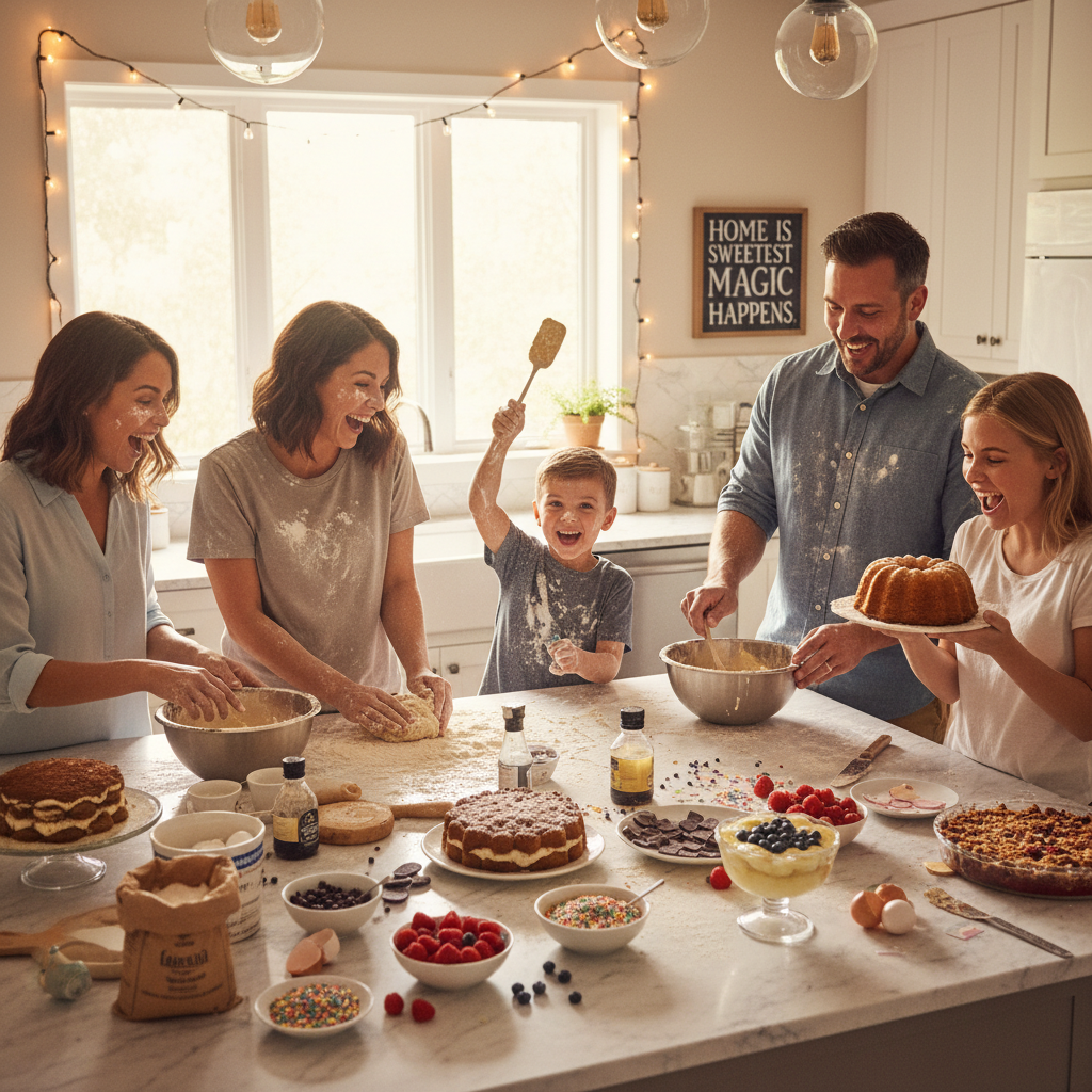 A warm, inviting kitchen scene with family and friends happily baking together, surrounded by ingredients and mixing bowls, emphasizing the magic of homemade desserts.