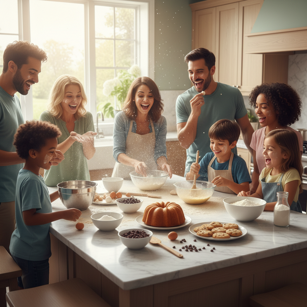 A close-up of the key ingredients for a moist chocolate bundt cake neatly arranged: cocoa powder, flour, sugar, eggs, buttermilk, baking soda, baking powder, vanilla extract, melted butter, and a bowl of chocolate ganache.