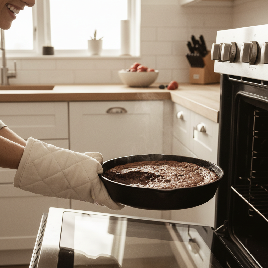 A beautifully plated moist chocolate cobbler dessert served warm with a scoop of vanilla ice cream