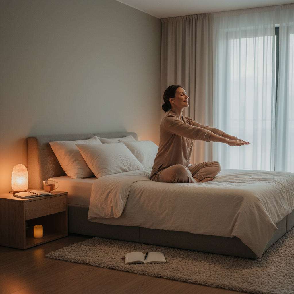 An infographic-style image depicting FAQ elements with icons such as a clock for timing, a customizable checklist for routines, a crossed-out phone for no electronics, and a doctor symbol for insomnia advice.