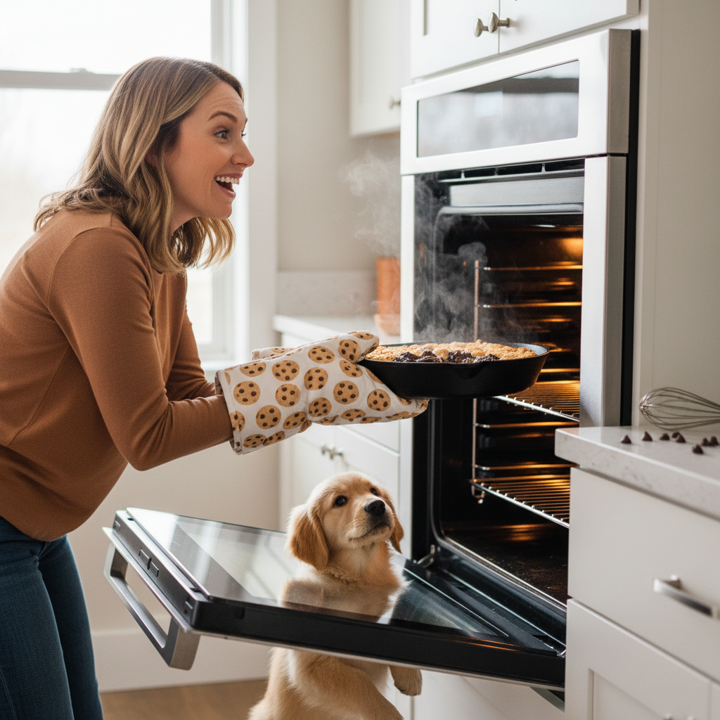 Illustration of comforting warm homemade chocolate cobbler being pulled from the oven, evoking warmth and joy