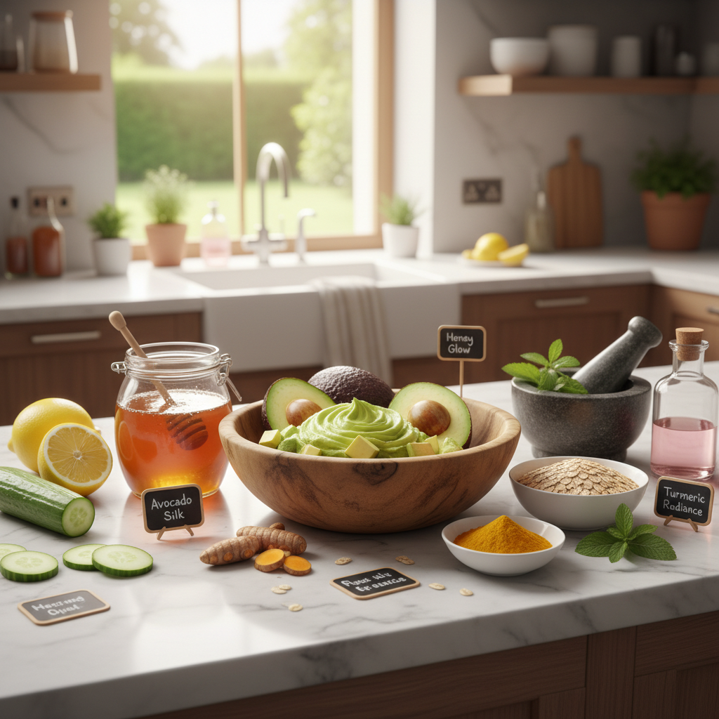 An inviting kitchen scene with natural skincare ingredients like honey, turmeric, avocado, and oatmeal arranged on a counter, evoking the appeal of DIY face masks.