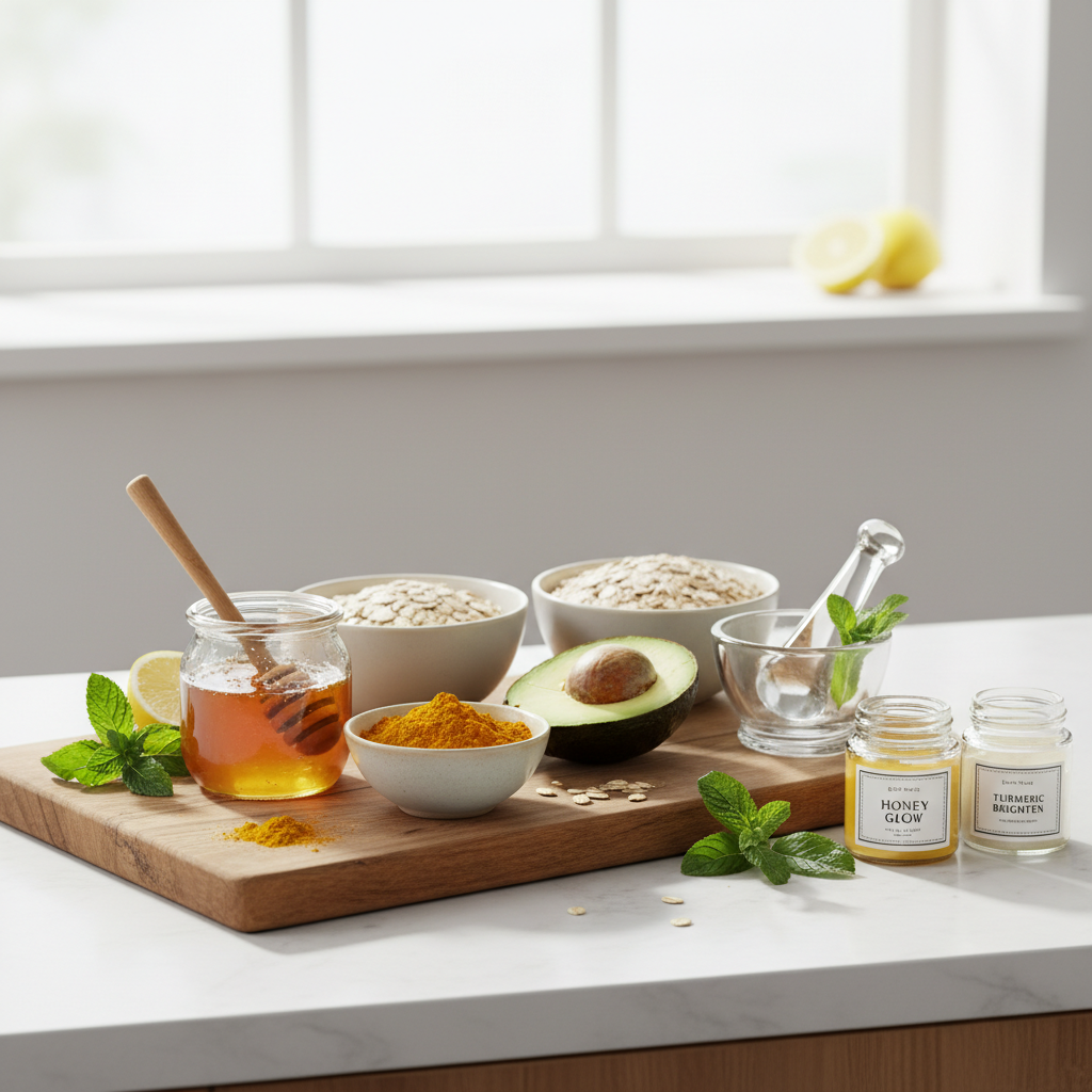 A visually appealing infographic-style image illustrating pro DIY face mask tips, such as patch testing, applying on clean skin, and moisturizing after rinsing.